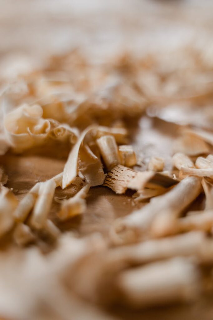 Detailed close-up image of wood shavings with emphasis on texture and selective focus.